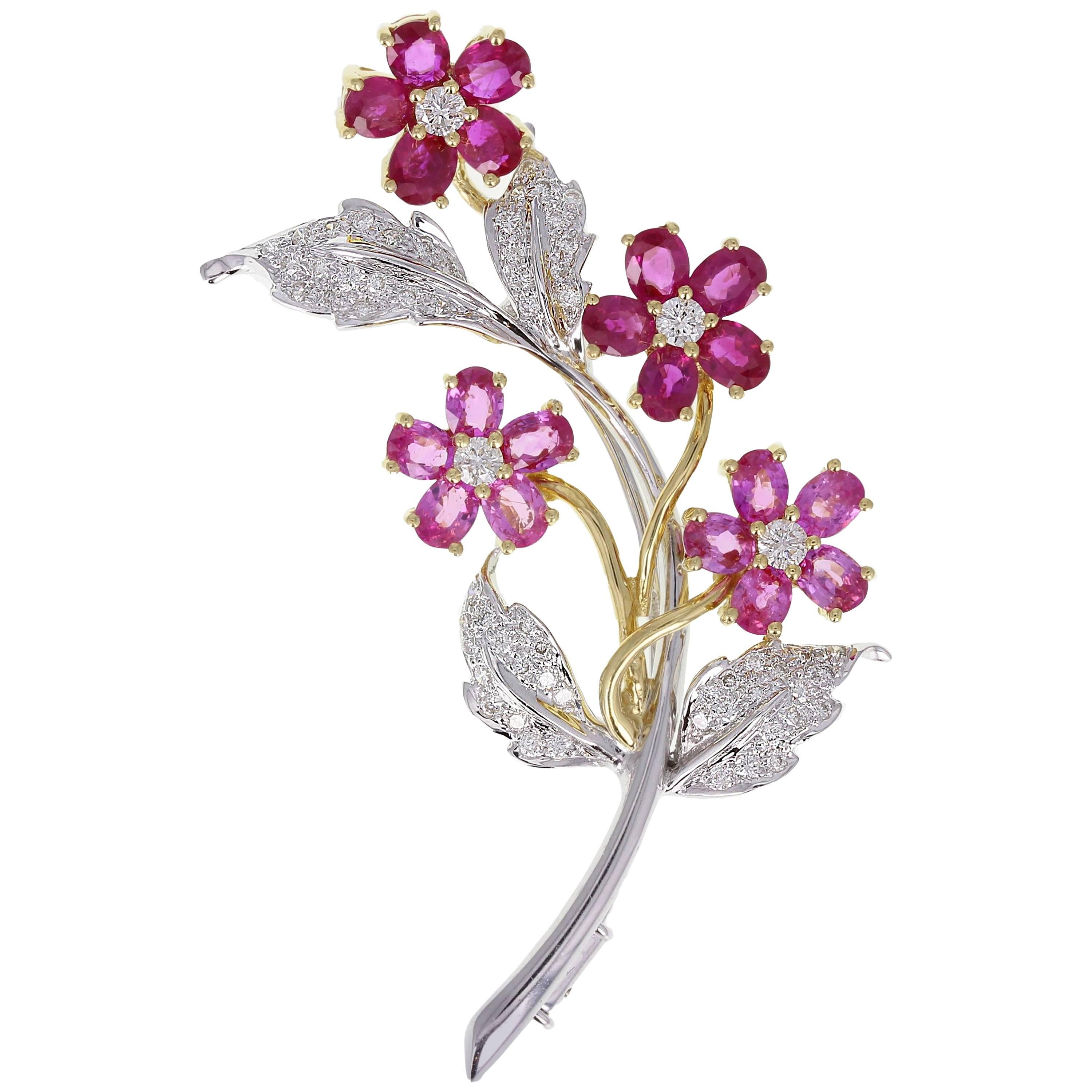 Pink Sapphire Diamond Flower Bouquet Brooch