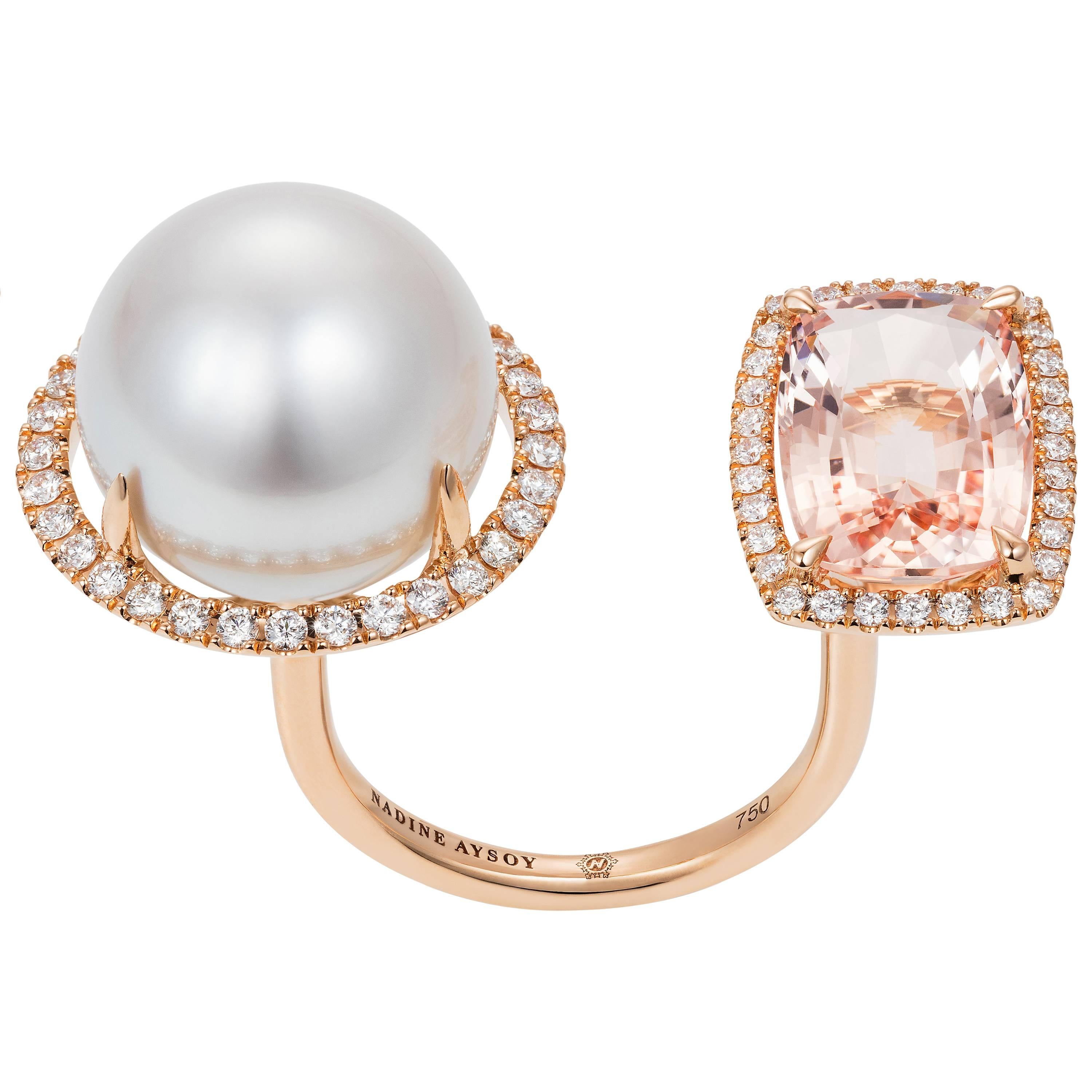 18 Karat Gold, Pink Morganite, White Diamond and South Sea Pearl Cocktail Ring For Sale