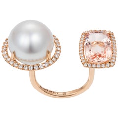 18 Karat Gold, Pink Morganite, White Diamond and South Sea Pearl Cocktail Ring