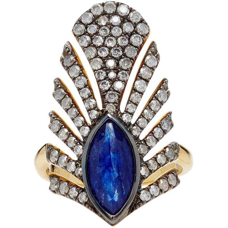 Yvonne Leon's Ring in 18 Karat Yellow Gold with Diamonds and Sapphire