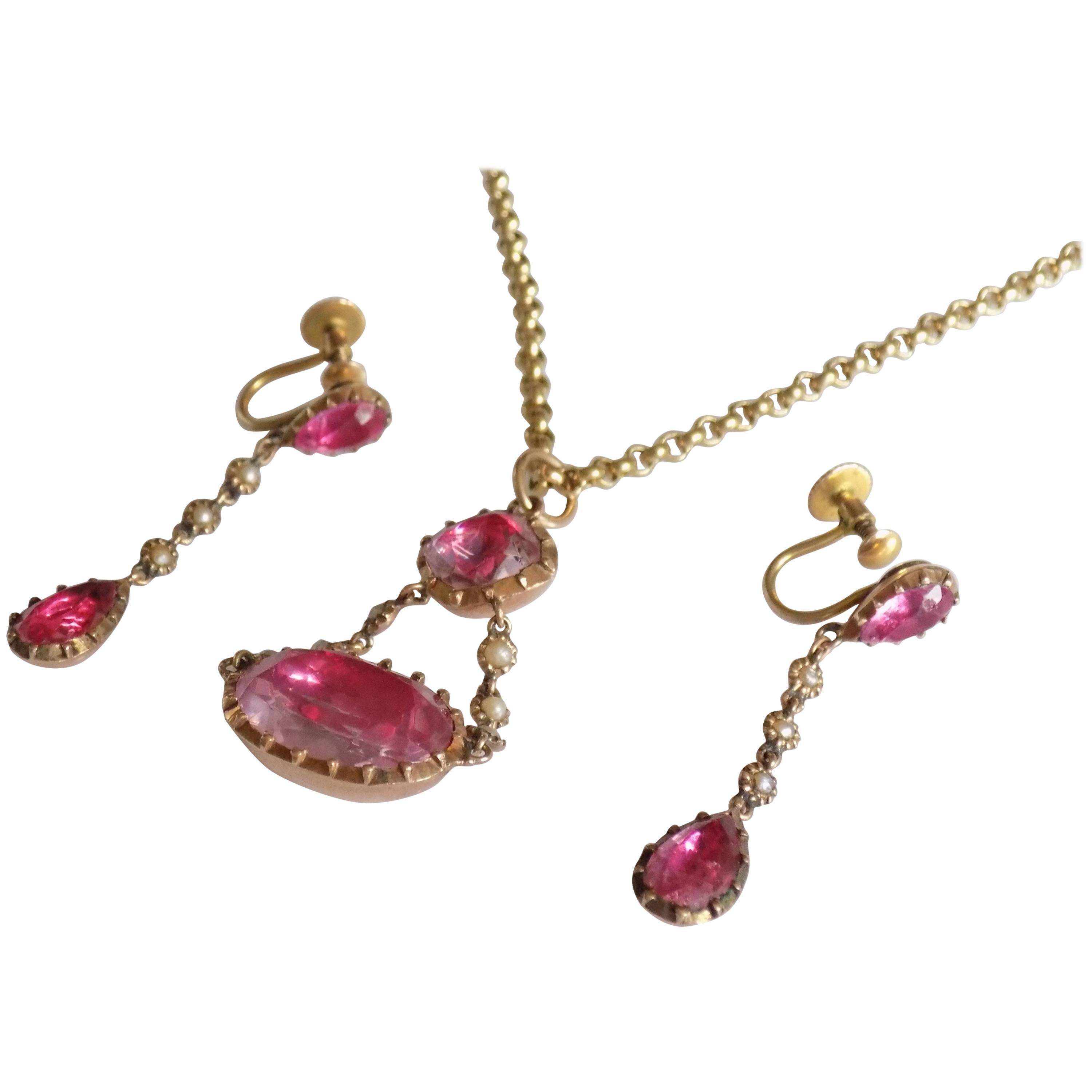 Rare Georgian Pink Topaz paste Pearl Gold Necklace Earrings Set