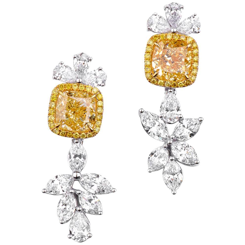 GIA White Gold Fancy Yellow 4.02 ct Diamond & 3.62 ct diamond  Earrings
