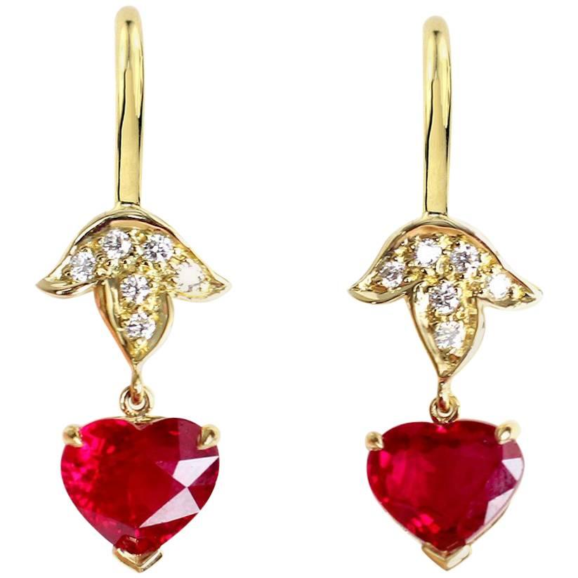 Julius Cohen 3.97 Carat GIA Certified Heart Shape Ruby and Gold Leaf Earrings