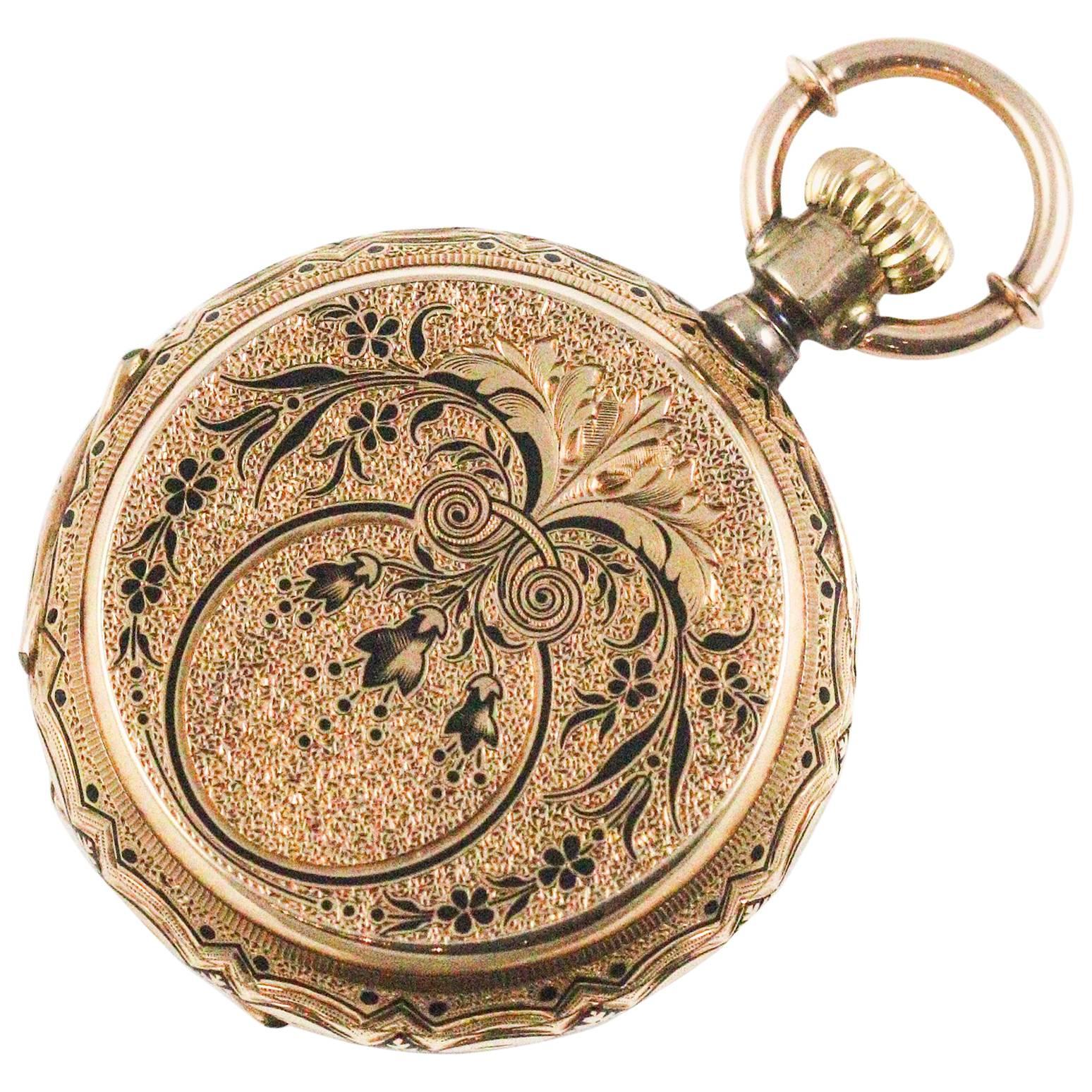 Victorian Yellow Gold Black Enamel Louis Reymond Pocket Watch 