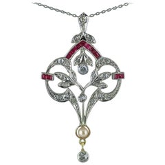 18 Carat Diamond, Ruby, Pearl, Belle Époque Pendant, circa 1910