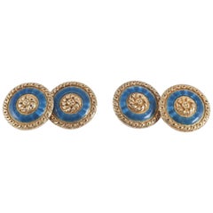Antique French Carved Gold and Guilloche Enamel Cufflinks, circa 1900