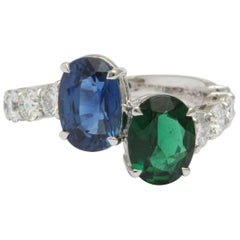 Faceted Sapphire and Faceted Green Tourmaline and Diamond Cross Over Ring