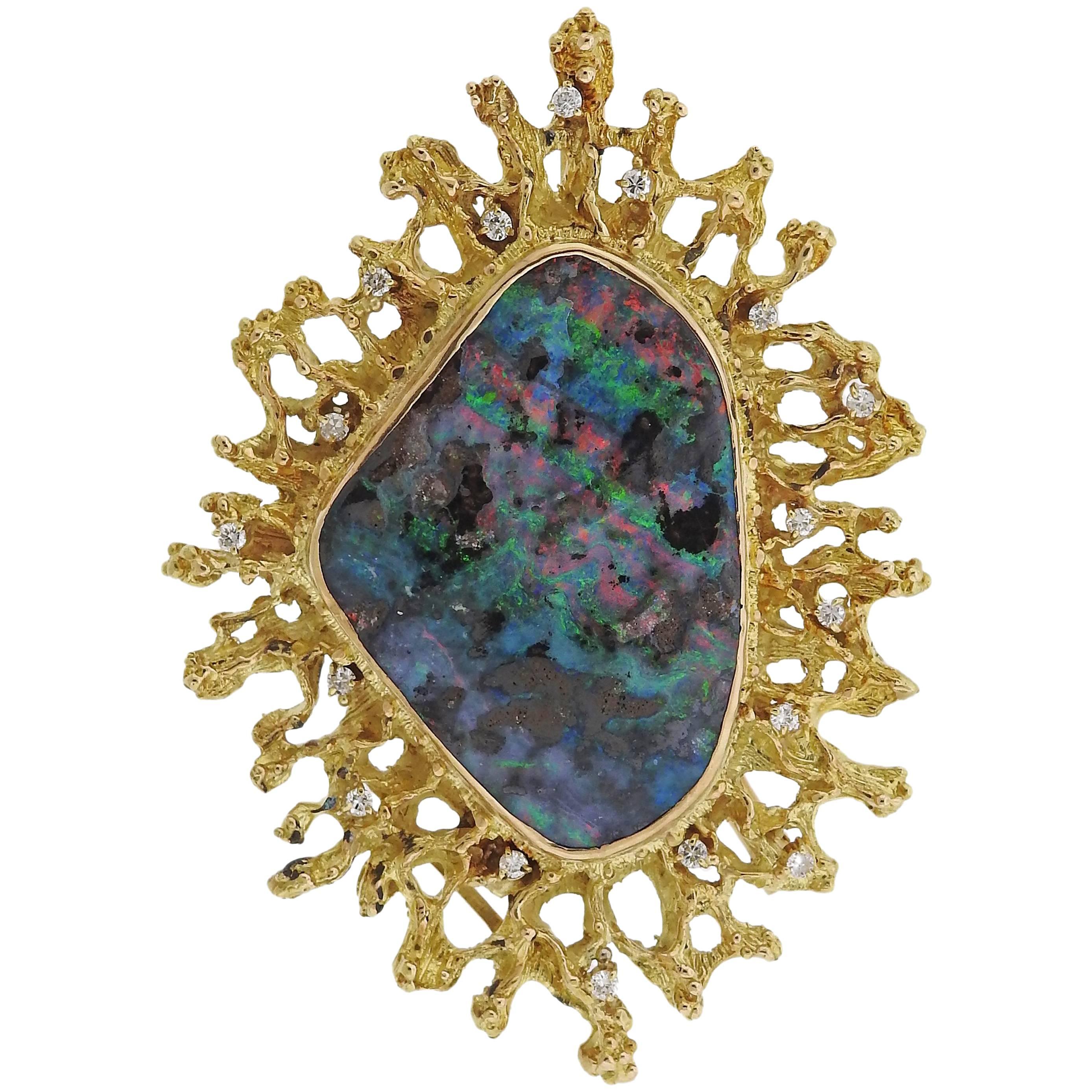 1970s Opal Diamond Gold Brooch Pendant
