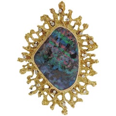 1970s Opal Diamond Gold Brooch Pendant