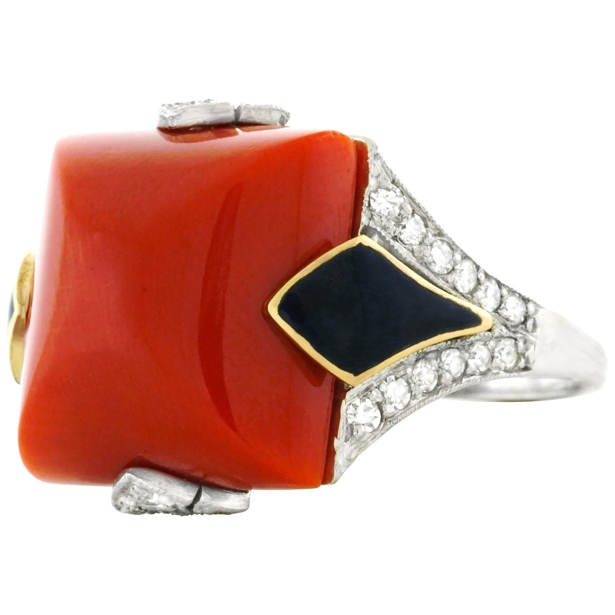 Art Deco Coral, Diamond and Enamel Gold Ring