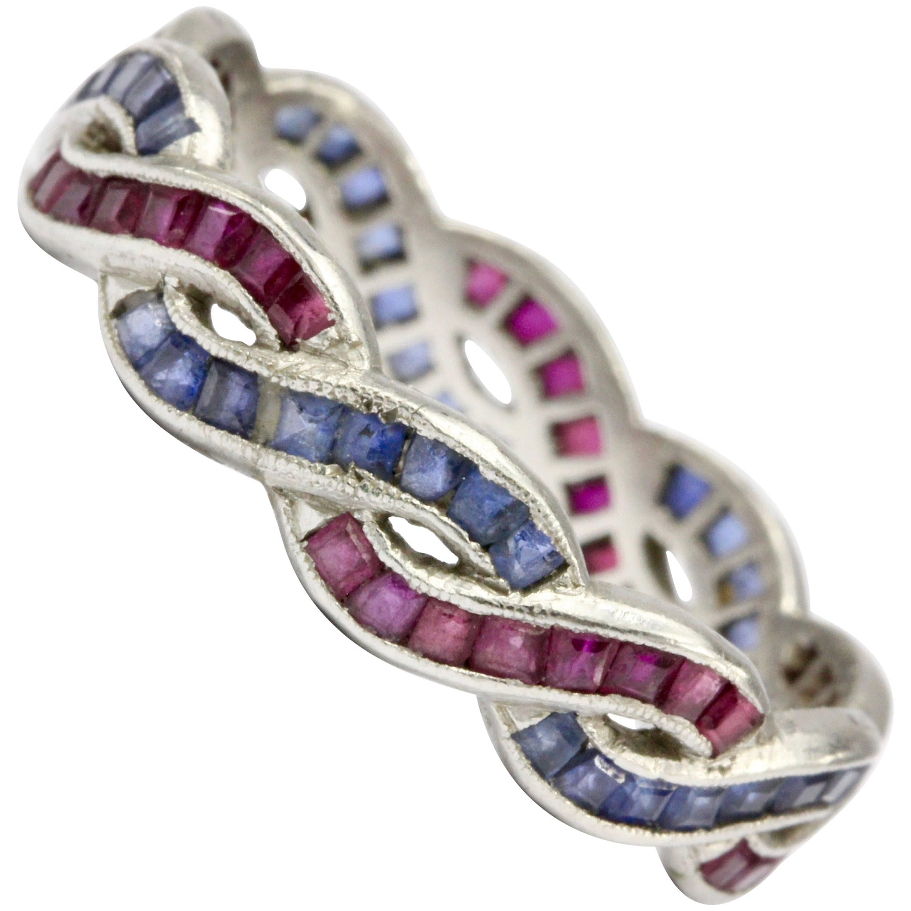Art Deco Platinum Ruby and Sapphire Woven Eternity Band