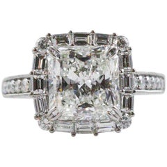 3.09 Carat Radiant Cut Diamond Halo Style Ring in 18 Karat White Gold