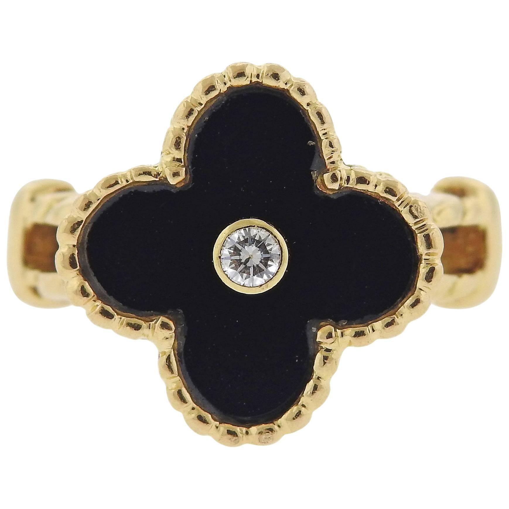 Van Cleef & Arpels Vintage Alhambra Onyx Diamond Gold Ring For Sale