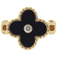 Van Cleef & Arpels Vintage Alhambra Onyx Diamond Gold Ring