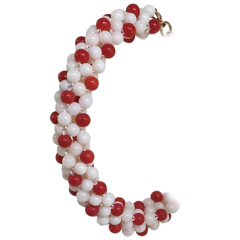 Red and White Coral Mulit-Strand Rope Bracelet with 14k Gold Clasp by Marina J