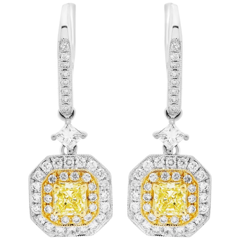 Fancy Yellow Diamond Double Halo TwoColor Gold Drop Dangle Fashion