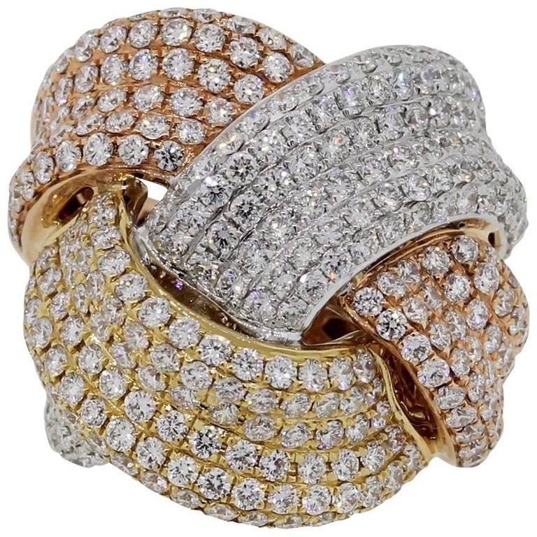 Tricolor Diamond Knot Cocktail Ring For Sale at 1stDibs