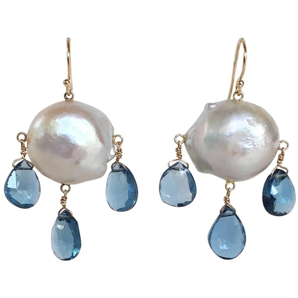 Blue Topaz Drop and Baroque Pearl Earrings