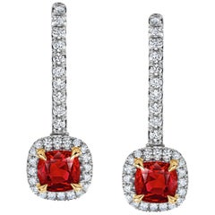 Cushion Ruby and Diamond Halo Platinum Drop Earrings