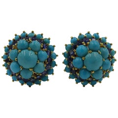Retro Pair of Turquoise, Sapphire and Gold Earrings