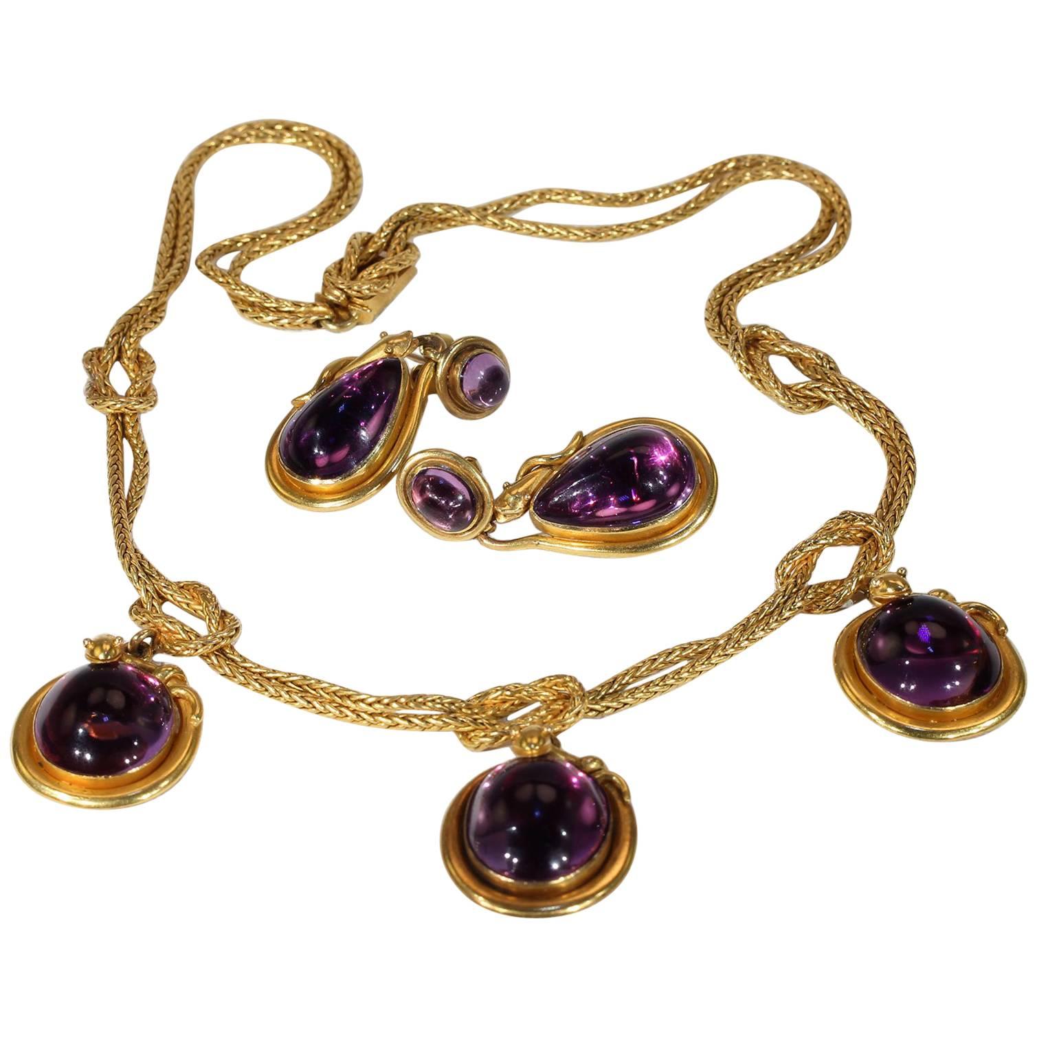 Victorian Amethyst Gold Snake Necklace Earrings Set For Sale