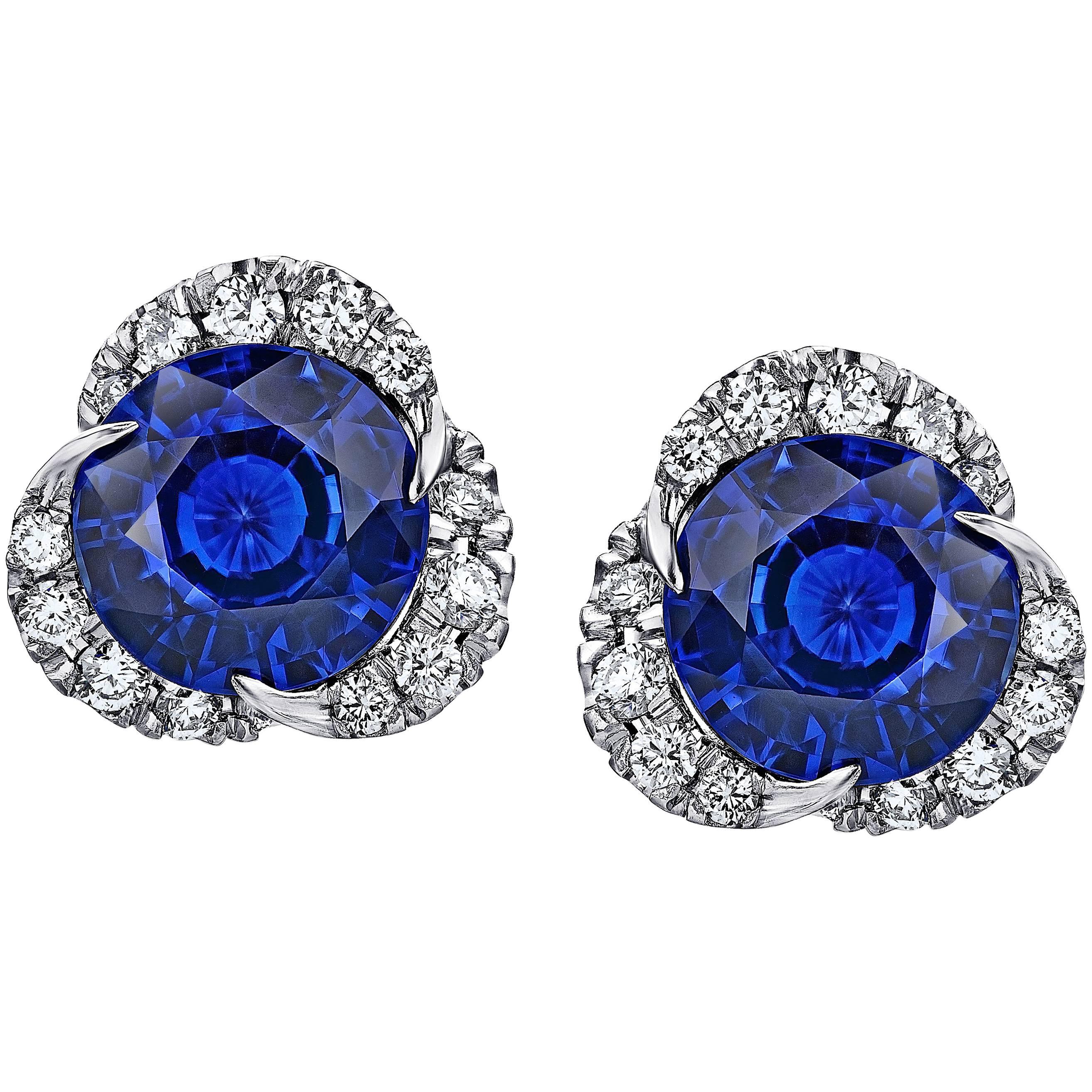1.97 Carat Round Blue Sapphire and Diamond Halo Platinum Drop Earrings
