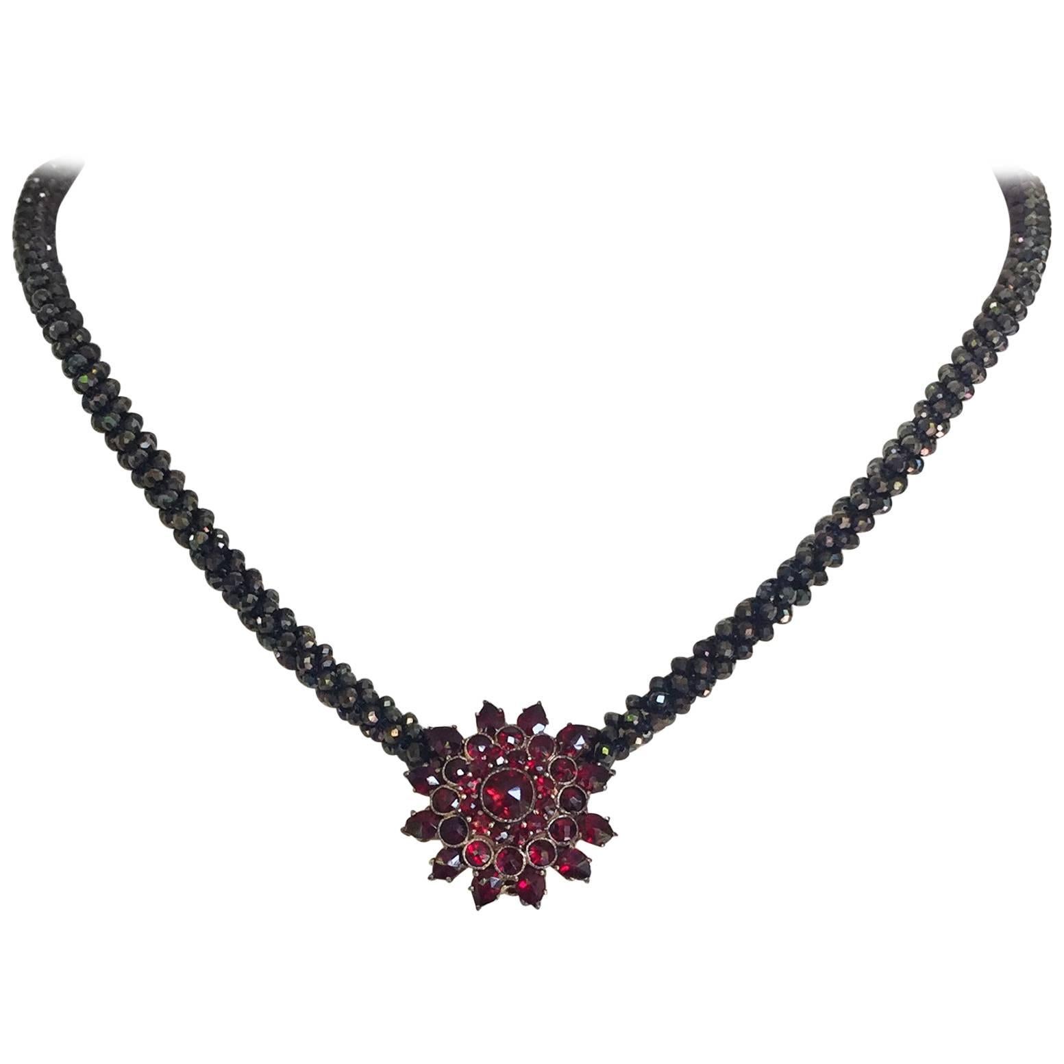 Marina J  Black Spinel Rope Necklace, Garnet Vintage Brooch and 14 K Gold Clasp