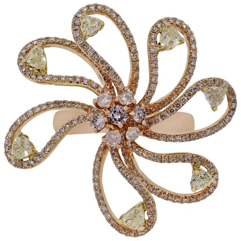 Fancy Yellow Diamond Flower Ring For Sale at 1stDibs