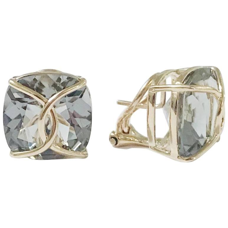 Green Amethyst Cushion Stud Earring with Yellow Gold Wire Wrap For Sale