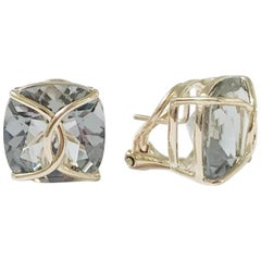 Green Amethyst Cushion Stud Earring with Yellow Gold Wire Wrap