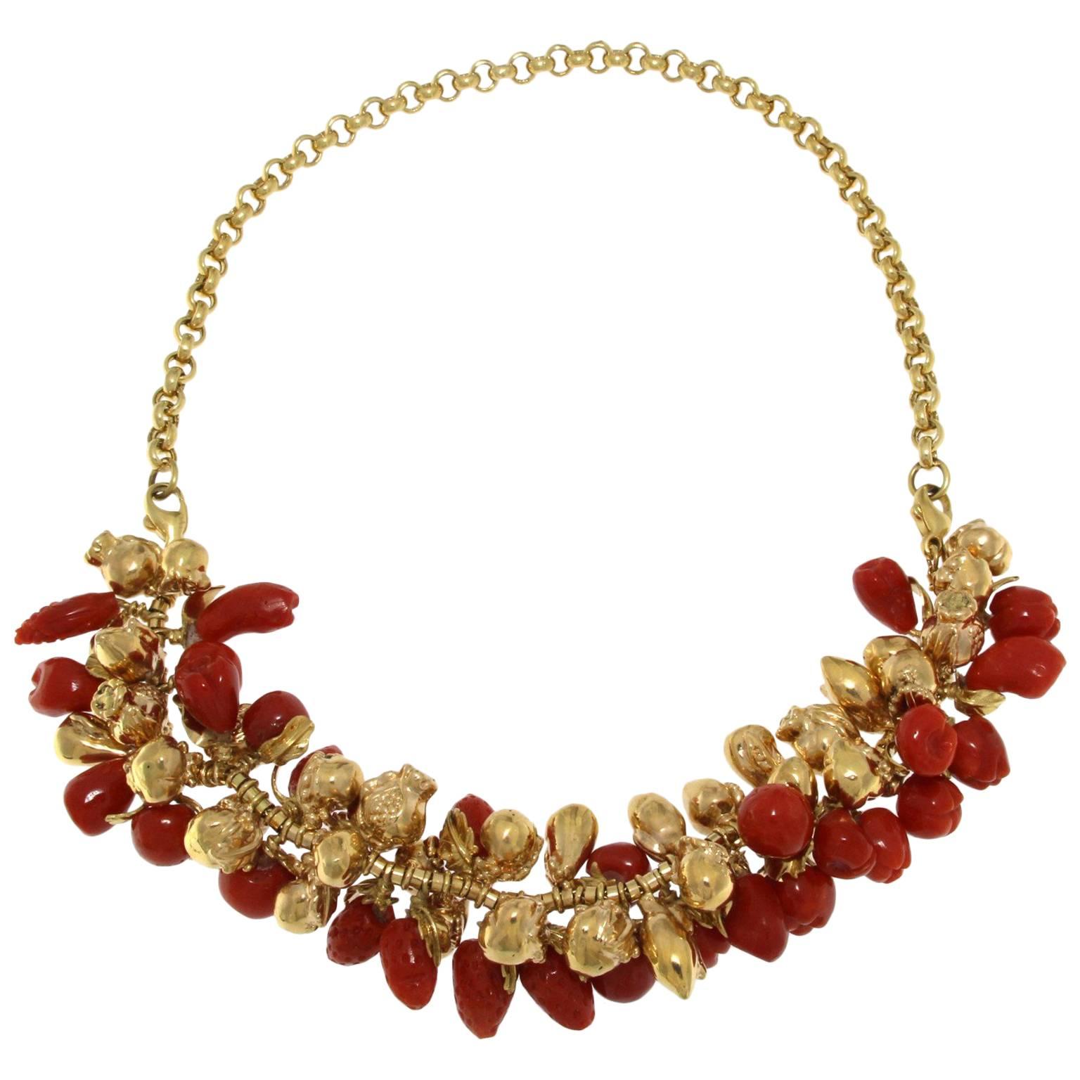 Coral and 18 Karat Yellow Gold Fruit Necklace