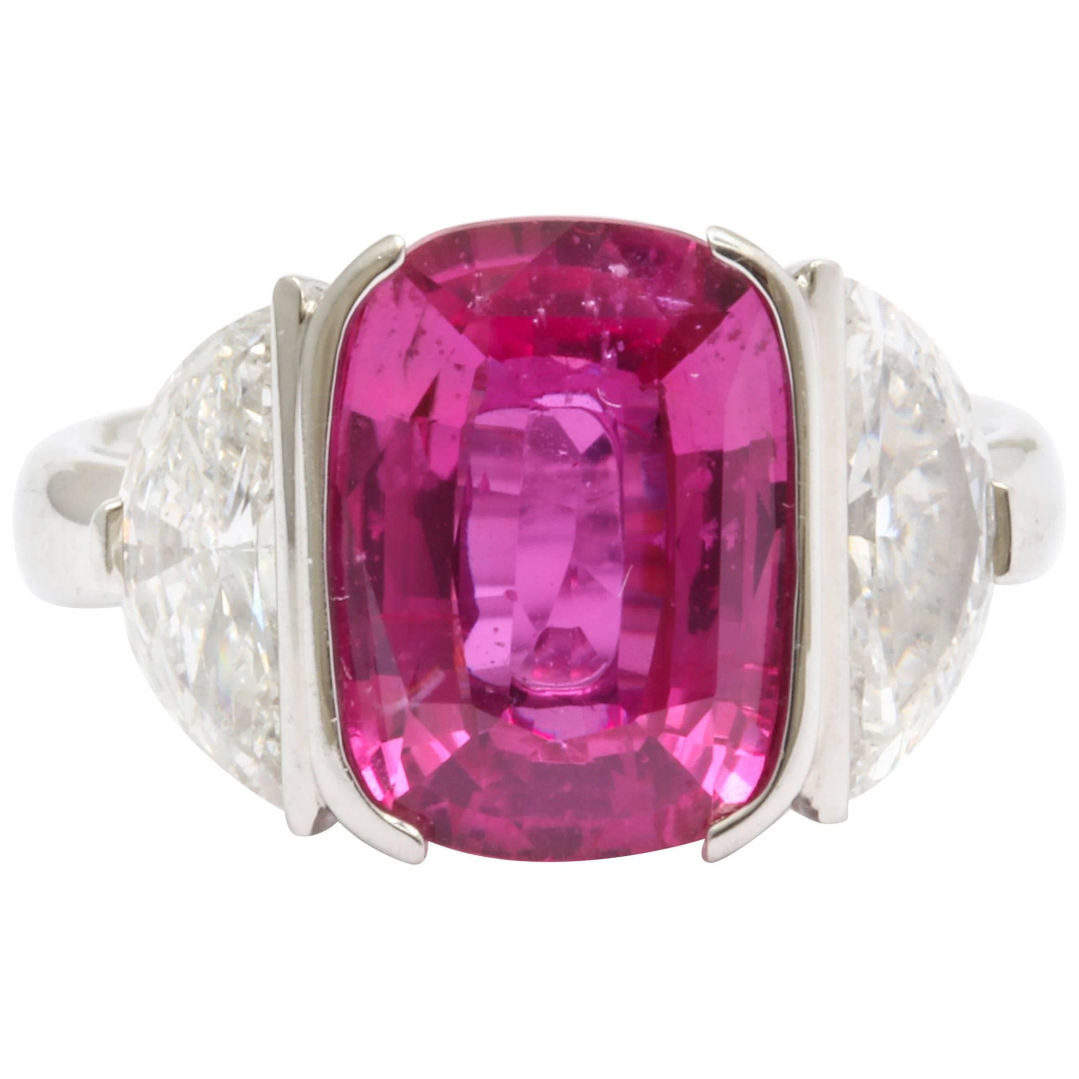 Vivid Pink Cushion Cut Sapphire Diamond Platinum Ring