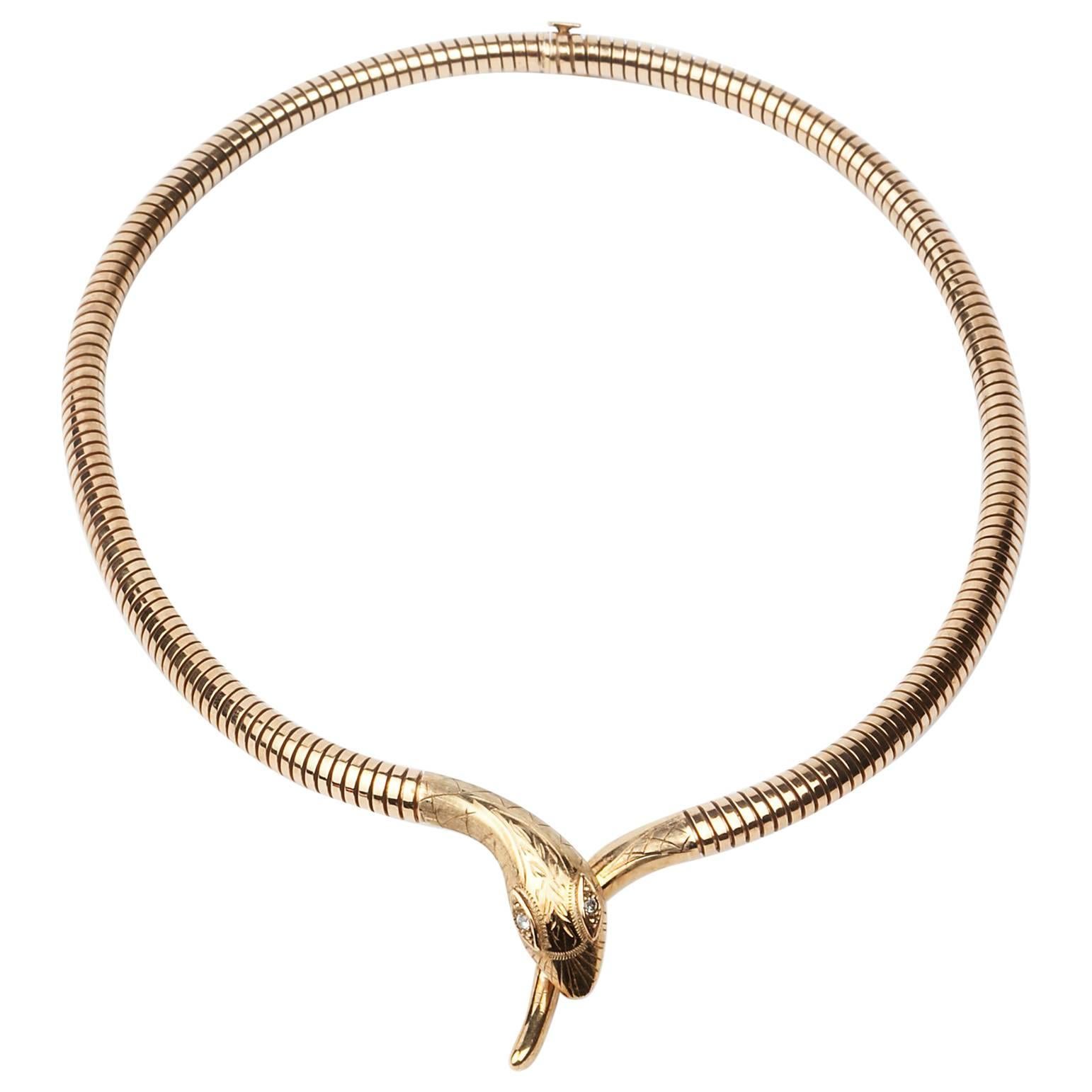 1980's 9 Karat Gold Diamond Snake Choker Necklace
