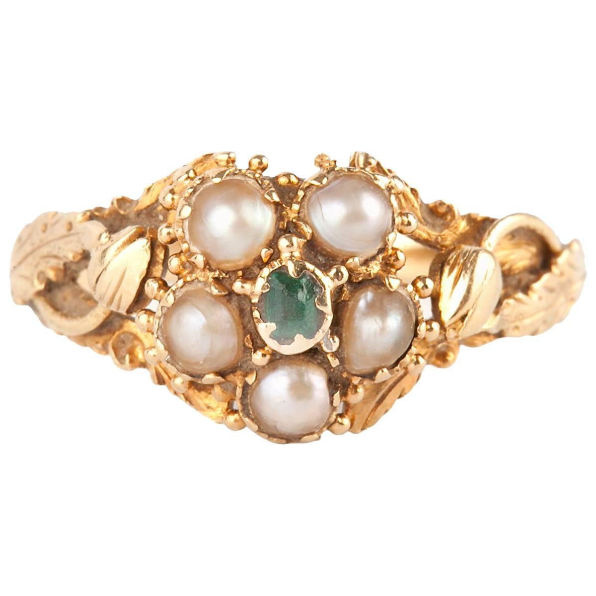 Georgian Natural Pearl and Emerald Cluster Ring For Sale