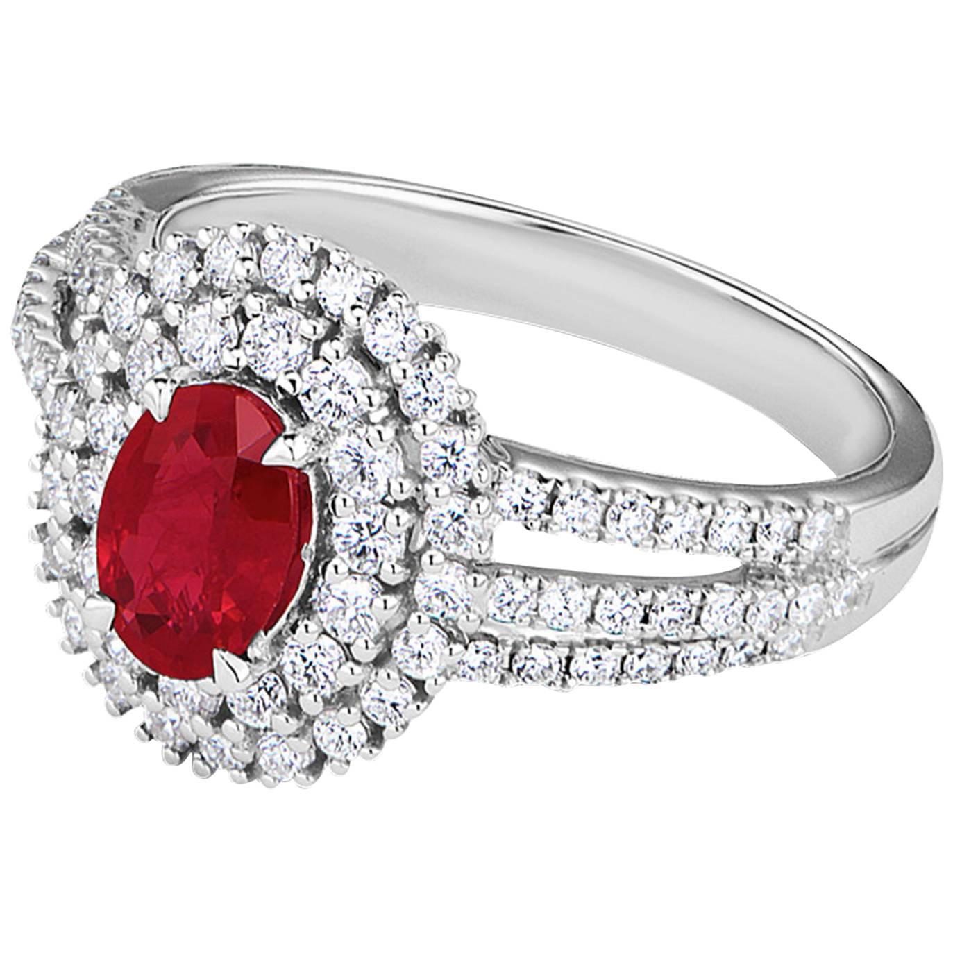 0.78 Carat Oval Ruby and Diamond 18K White Gold Ring For Sale