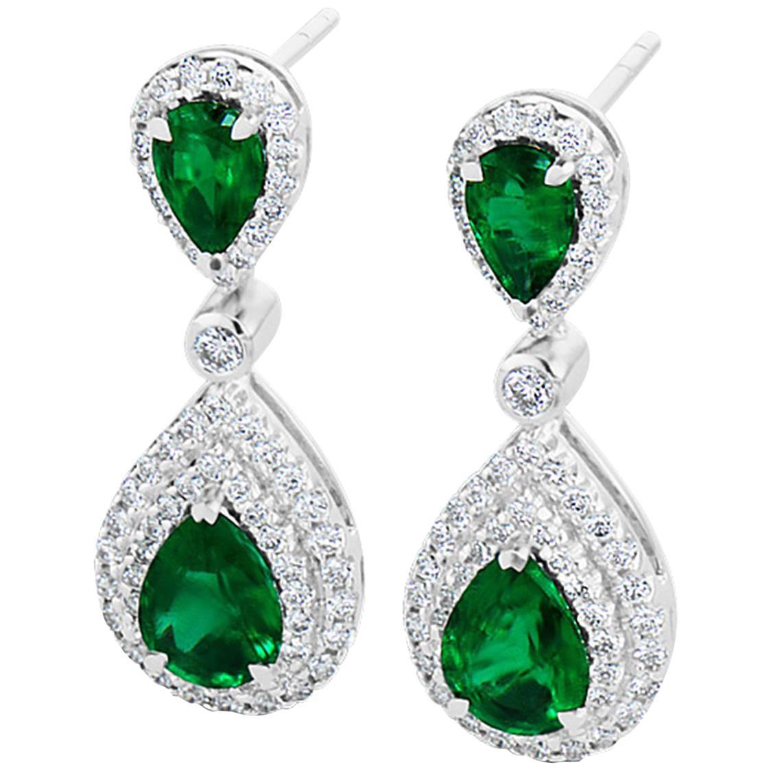 2.04 Carat Total Emerald and Diamond 18K White Gold Earrings For Sale