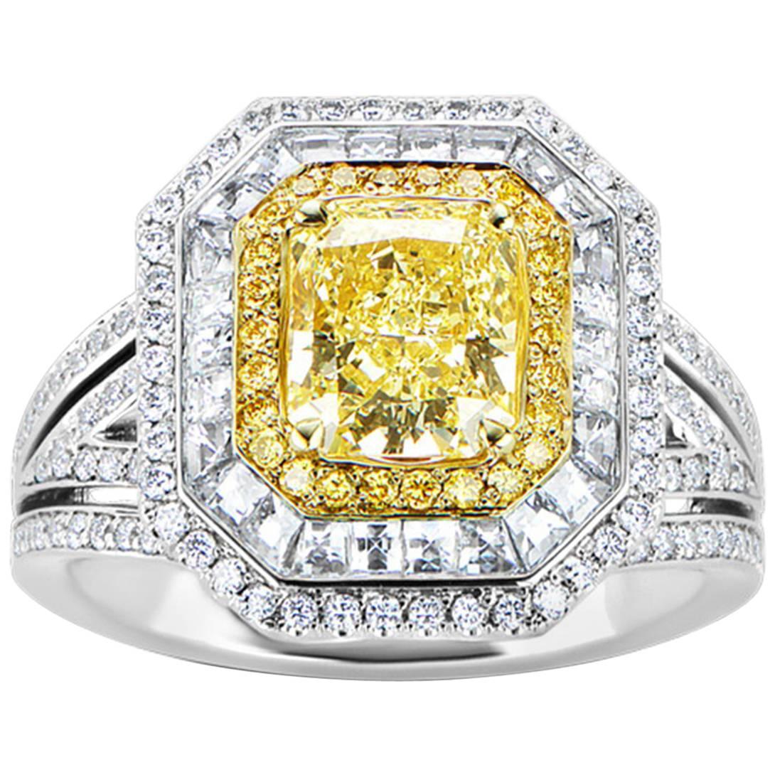 GIA Certified 1.53 Carat Radiant Cut Natural Fancy Yellow Diamond Ring