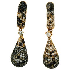 Adamas Black, White and Champagne Diamond 18 Karat Yellow Gold Drop Earrings