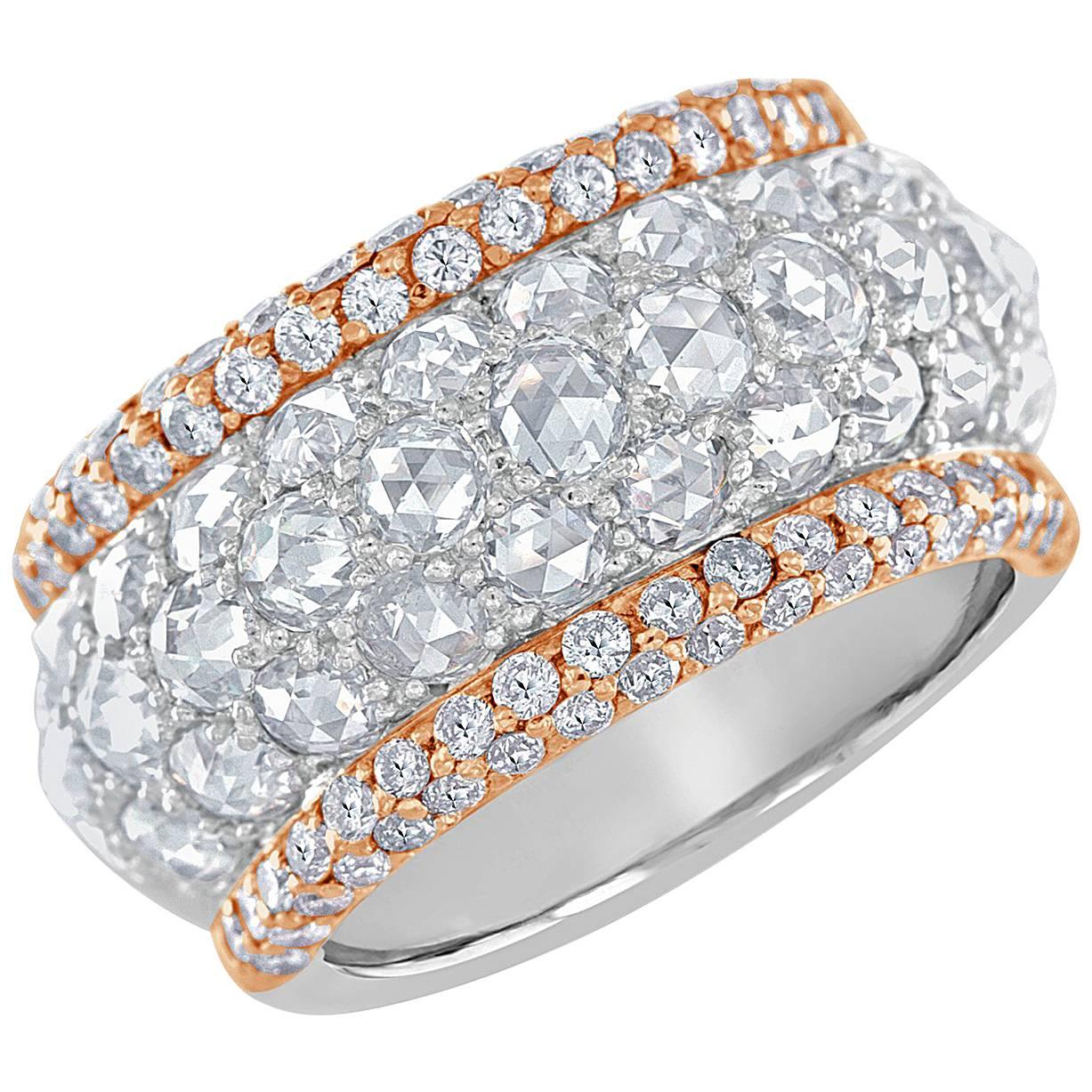 Rose Cut Diamond and Pink Diamond Platinum and Rose Gold Band Ring For Sale