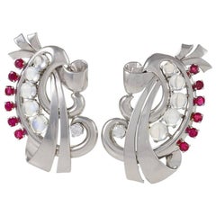 Raymond Yard Retro Moonstone, Ruby, Diamond and Platinum Brooches ‘Dress Clips’