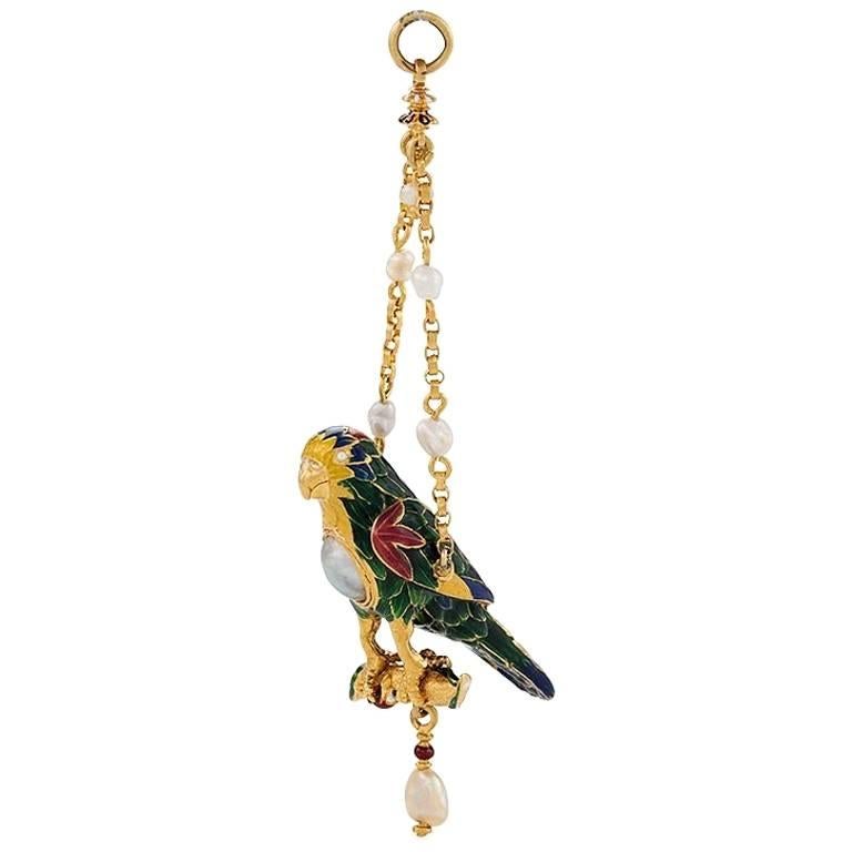 Antique Pearl, Gold and Enamel Parrot Pendant