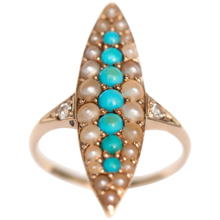 Antique Turquoise Pearl Diamond Gold Engagement Ring For Sale at
