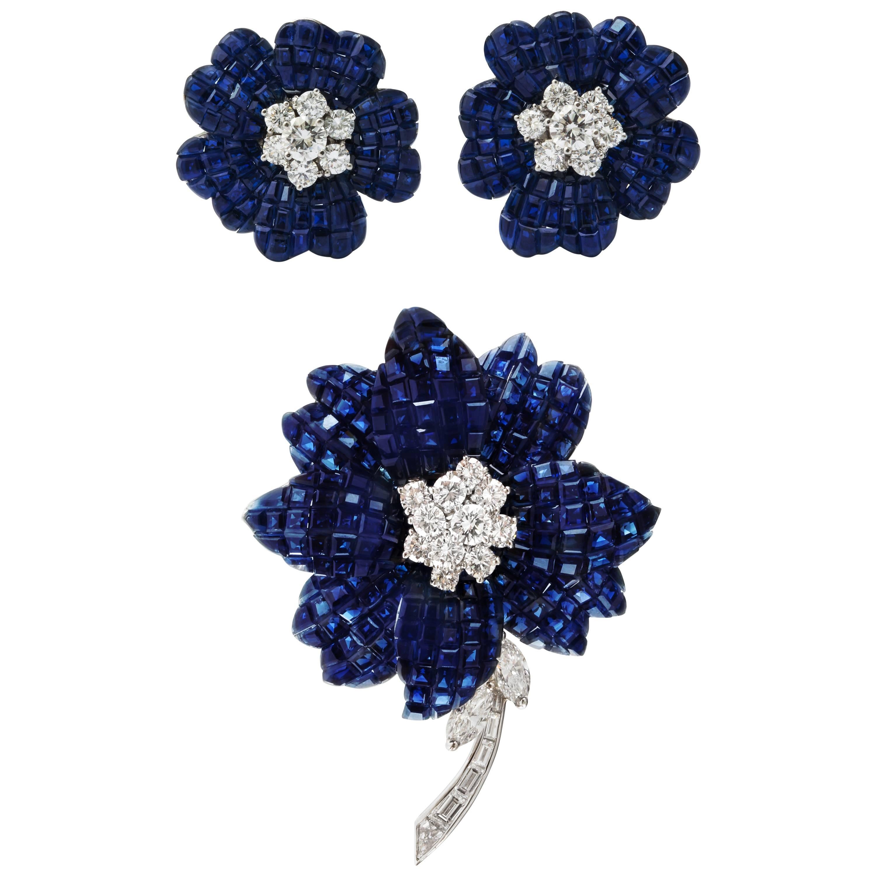 Van Cleef & Arpels Mystery Set Sapphire and Diamond Brooch and Earrings Set