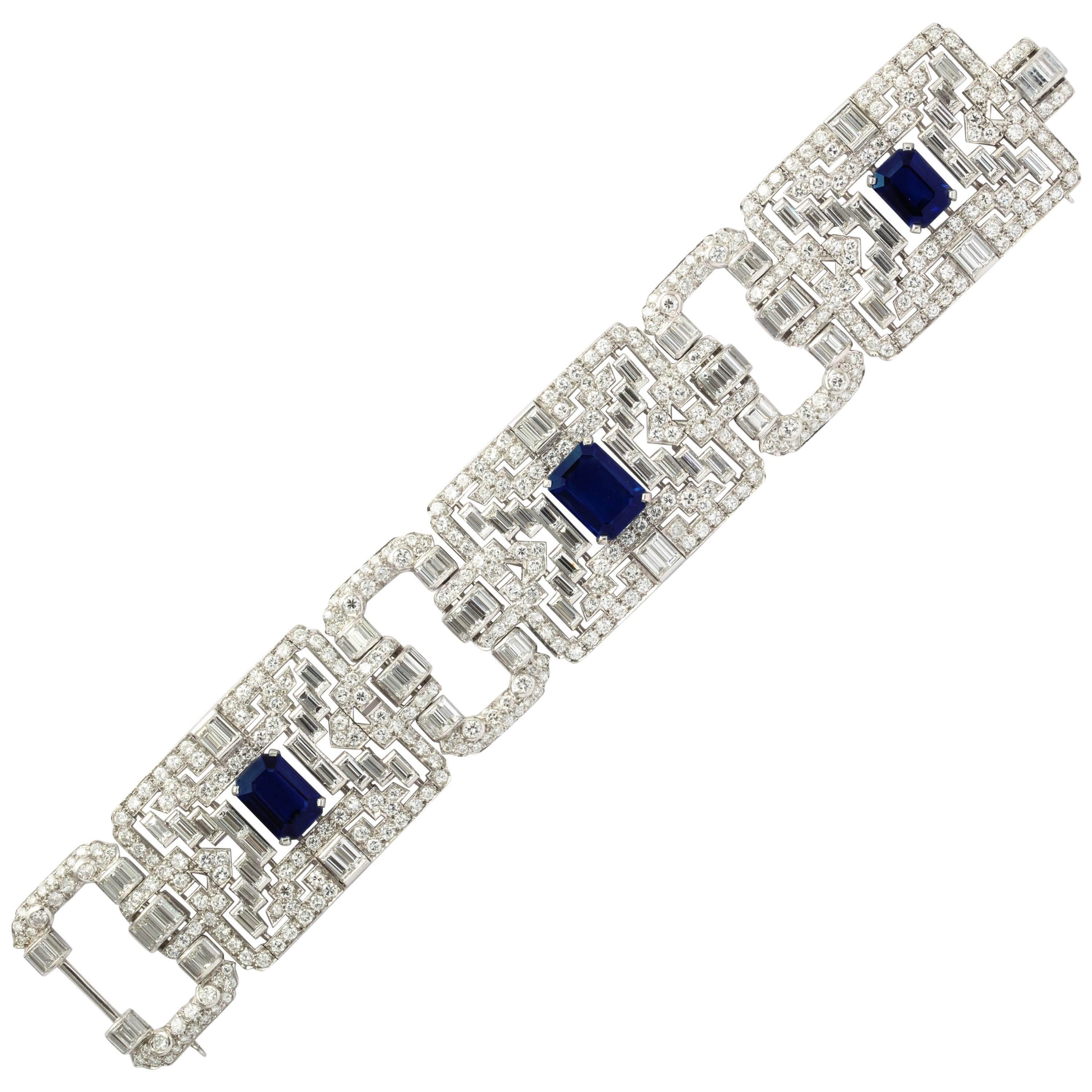 Important Wide Art Deco Diamond and Sapphire Bracelet For Sale