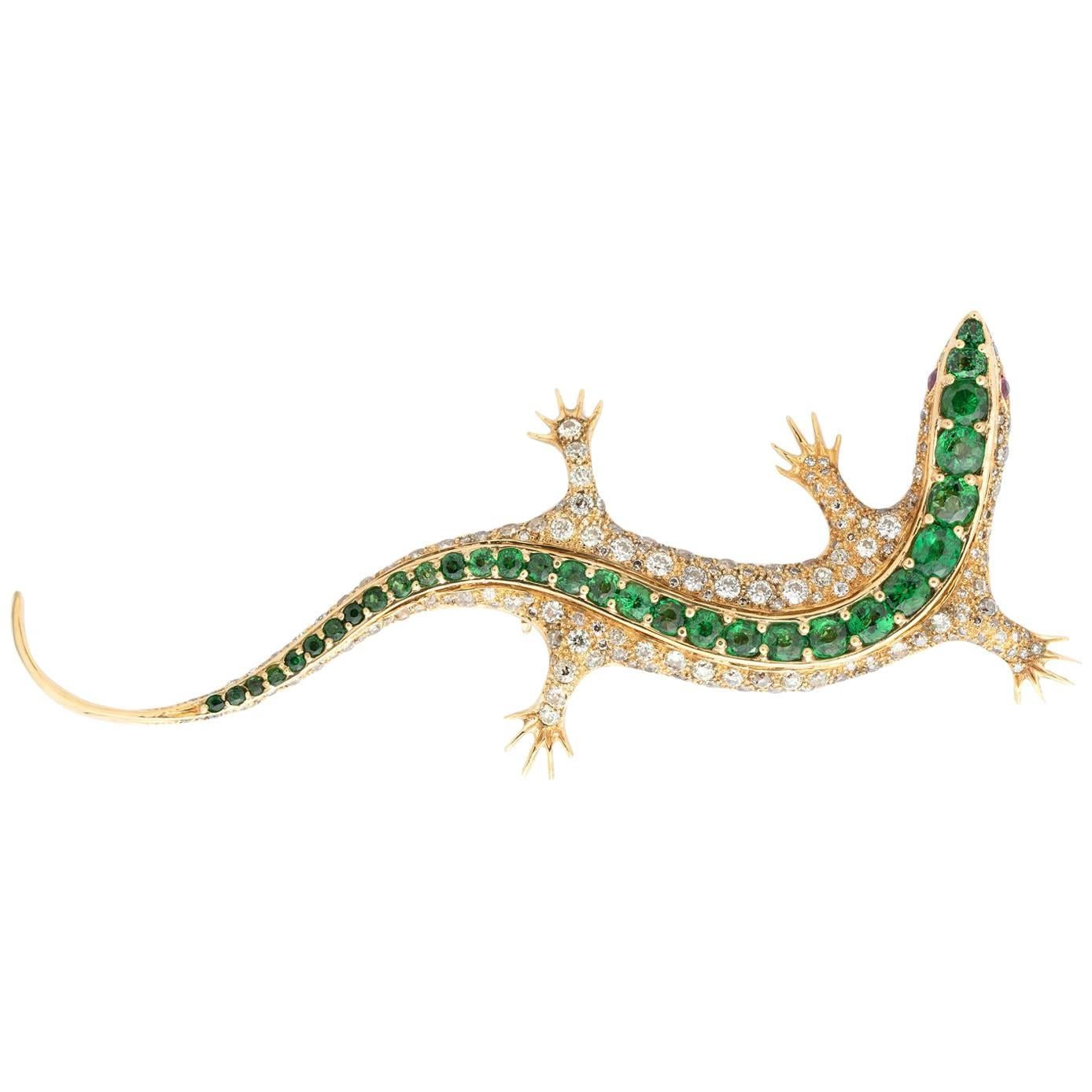 Estate Tsavorite and Diamond Salamander Brooch