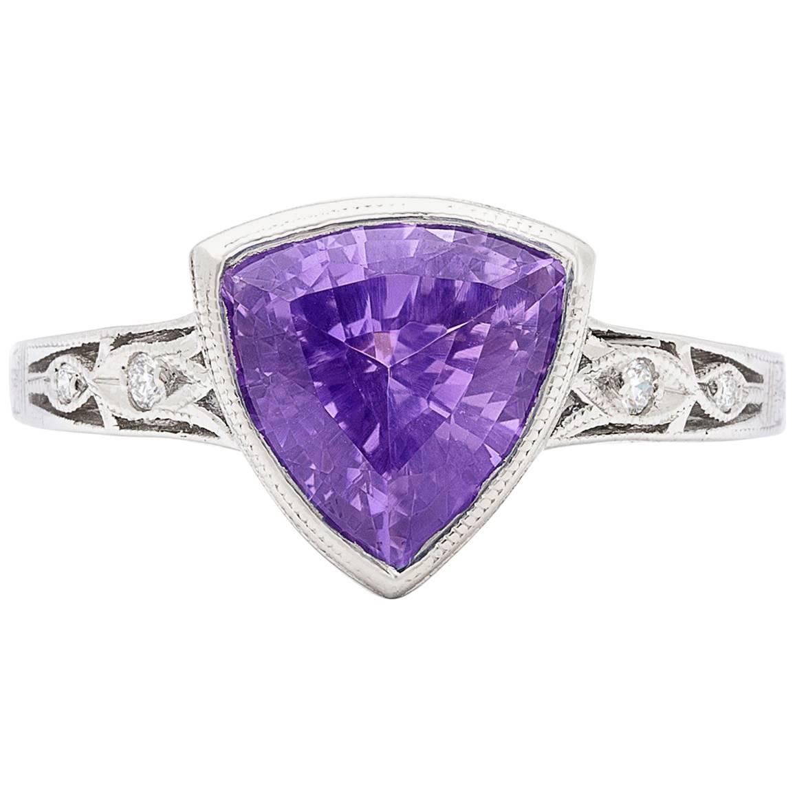 Exceptional Unheated Natural Bluish Violet Sapphire 3.38 Carat Ring