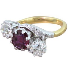 Art Deco Natural Ruby and Old Cut Diamond Trilogy Crossover Ring