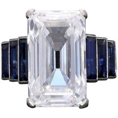 Antique Art Deco Emerald-Cut 'Golconda' Diamond Ring with Graduated Sapphire Shoulders