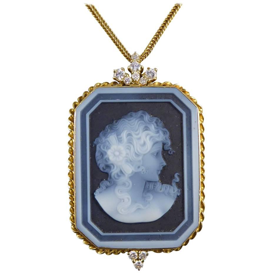 Diamond and Banded Agate Portrait Pendant in 18 Carat Gold