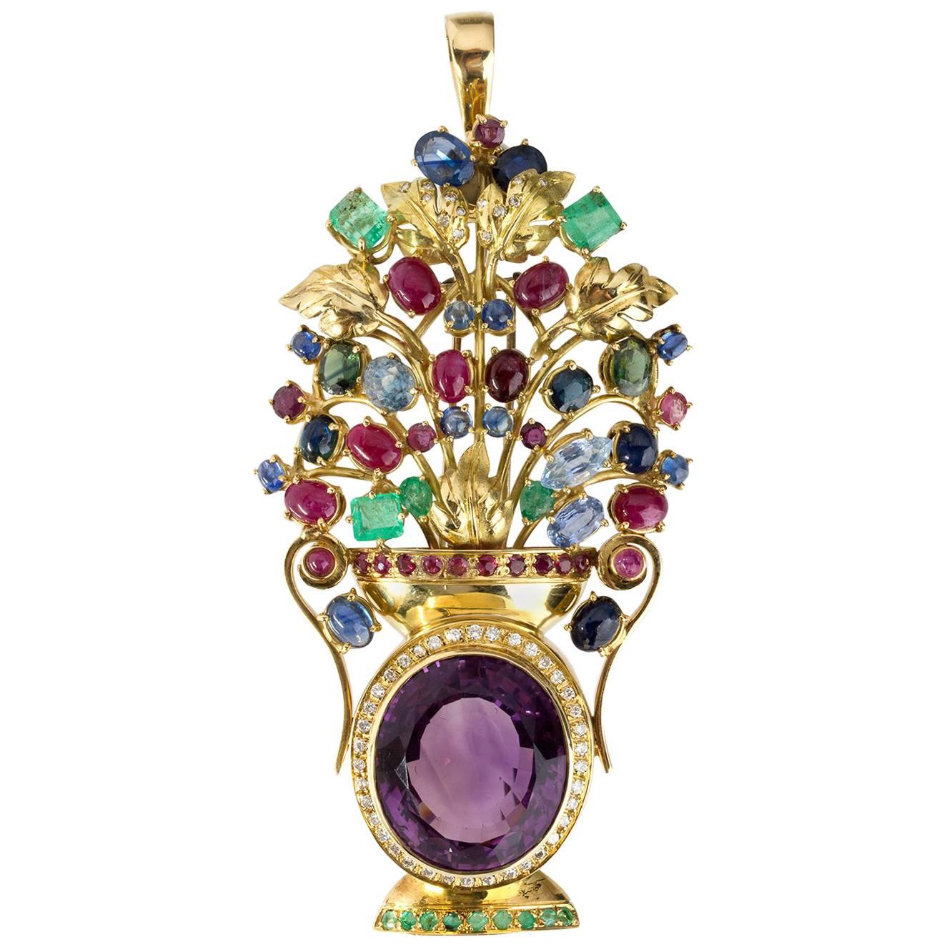 Amethyst Sapphire Emerald Ruby Diamond Brooch-Pendant For Sale